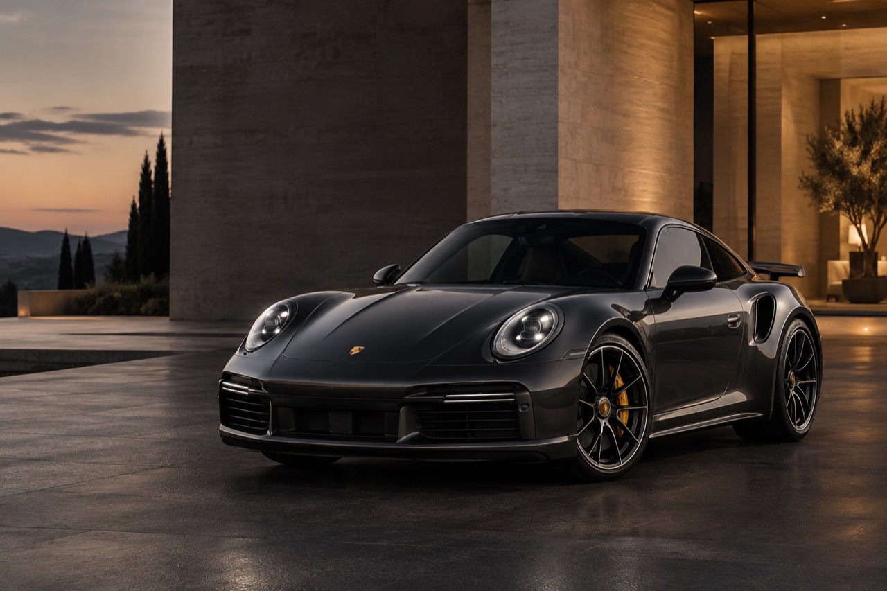 Концептуальное фото: графитовый Porsche у современной резиденции